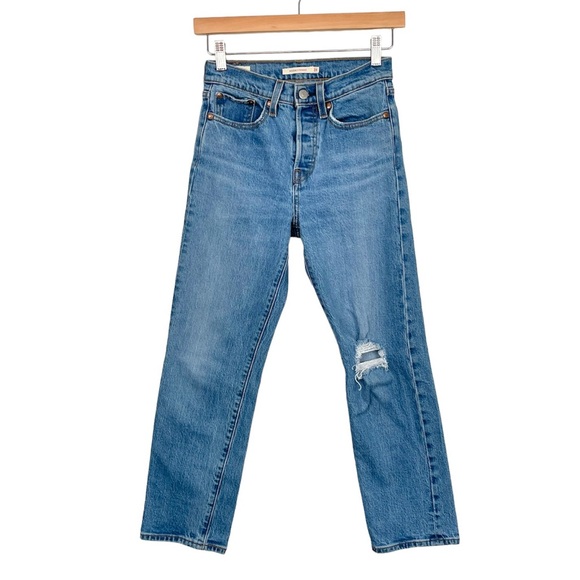 Levi’s Premium Wedgie Straight Jeans Jive Tone Blue Ripped Knee Cropped Ankle 24 - Picture 6 of 16